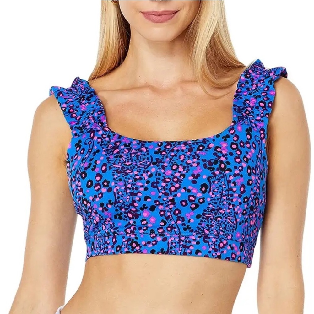 Lilly Pulitzer Karena Ruffle Sports Bra, Blue Flare, Growl and Prowl, XXS